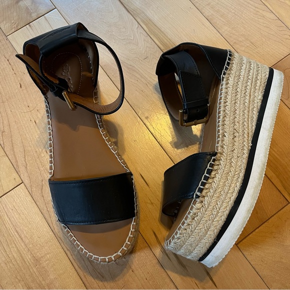 See by Chloe Glyn Platform Espadrille Sandals Black Leather size 37 - Picture 10 of 10